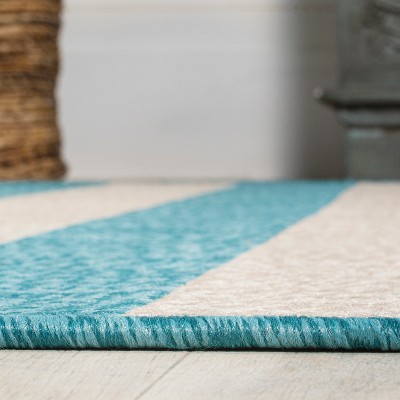 Aqua and Cream Striped Synthetic 4' x 6' Rug