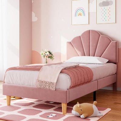 Homhougo Twin Pink Bed Frame with Shell Headboard, Velvet Upholstered Bed Frame with Adjustable Headboard, Girl Platform Strong Wood Slat Support
