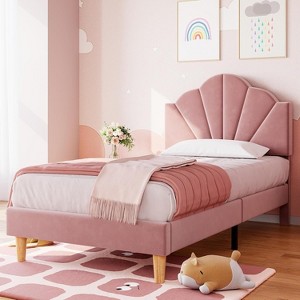 Homhougo Twin Pink Bed Frame with Shell Headboard, Velvet Upholstered Bed Frame with Adjustable Headboard, Girl Platform Strong Wood Slat Support - 1 of 4