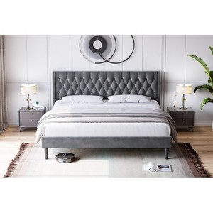 King Size Luxury Velvet Upholstered, Bed Frame with Wingback, Deep Button Tufted Headboard, No Box Spring Required, Simple Assembly Process, Gray - 1 of 4