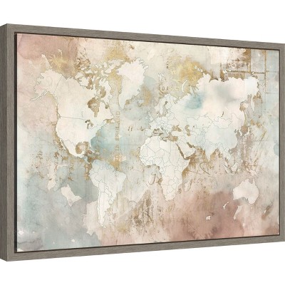 Blushing World Map Framed Canvas Print in Beige and Pink