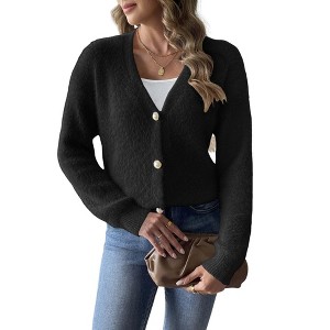 Coolmee Womens Fuzzy Cardigan Sweater V Neck Long Sleeve Button Down Casual Furry Knit Sweater Coat - 1 of 4