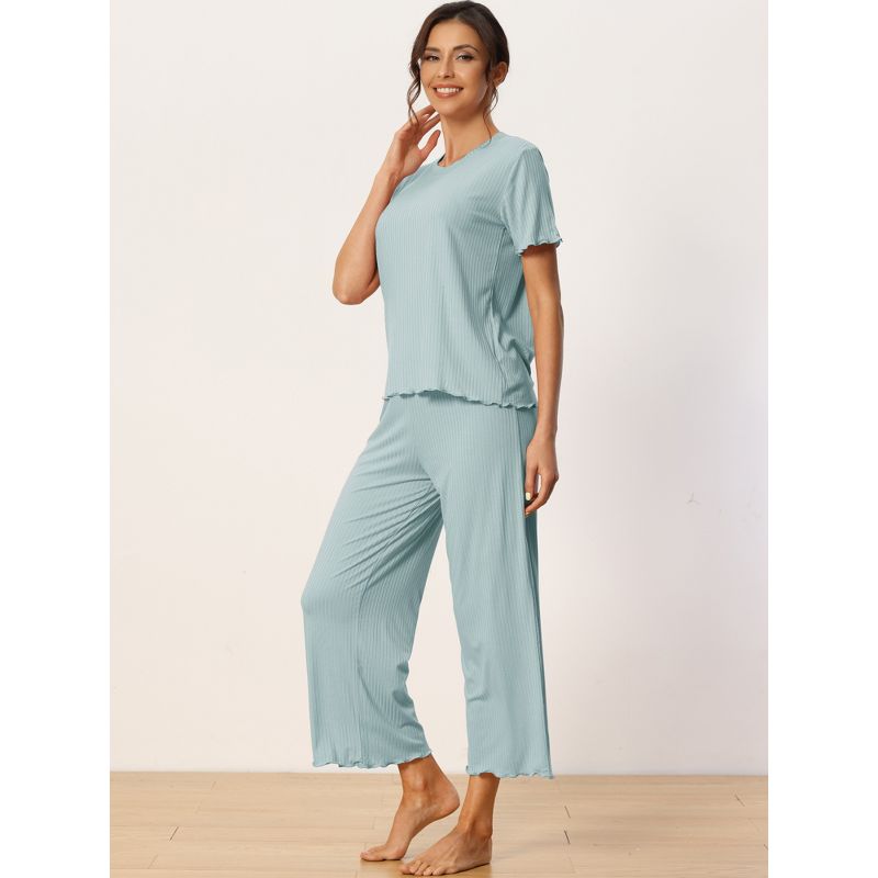 cheibear Women's Sleepwear Round Neck Soft Knit Short Sleeve Shirt with Pants Capri Pajamas Set, 2 of 6
