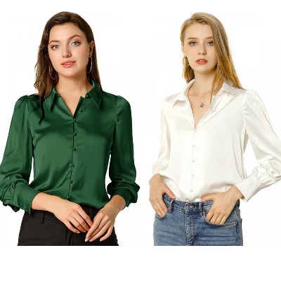 Allegra K Women's Satin Puff Sleeve Point Collar Vintage Button Up Shirt 2 Pcs