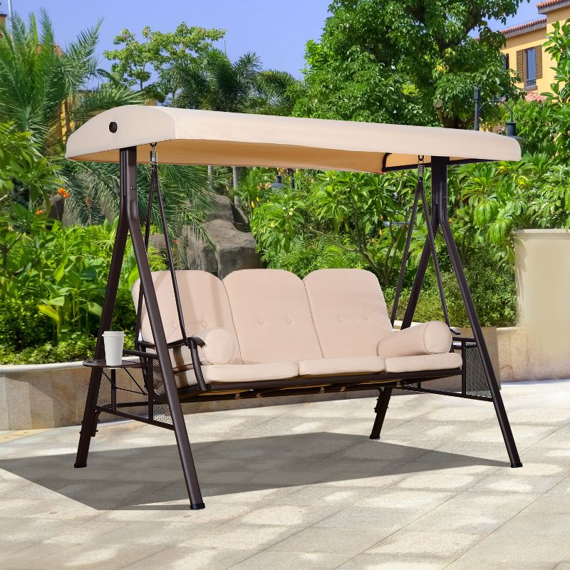 Outsunny Outdoor Patio 3-Person Steel Canopy Cushioned Seat Bench Swing with Included Side Trays & Padded Comfort, 2 of 7