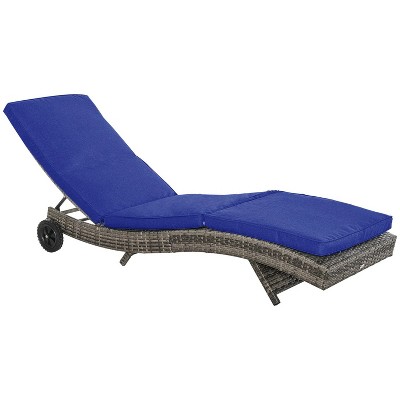 81.5'' Outdoor PE Rattan Cushioned Patio Sun Lounger w/ 5-Level Adjustable Backrest & Wheels Dark Blue