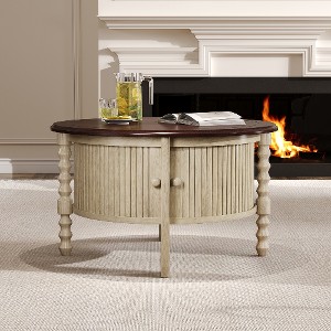 Lyngins 30.3" Mid-Century Modern Coffee Table, Round Vintage Center Table with Sliding Door Storage & Slatted Detail, Accent Table for Living Room, - 1 of 4