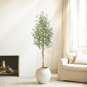 Olive Trees Artificial Indoor, Tall Faux Silk Plant White Planter, Fake Olive Trees with Natural Wood Trunk and Green Fake Moss for Home Office Decor - 1 of 4