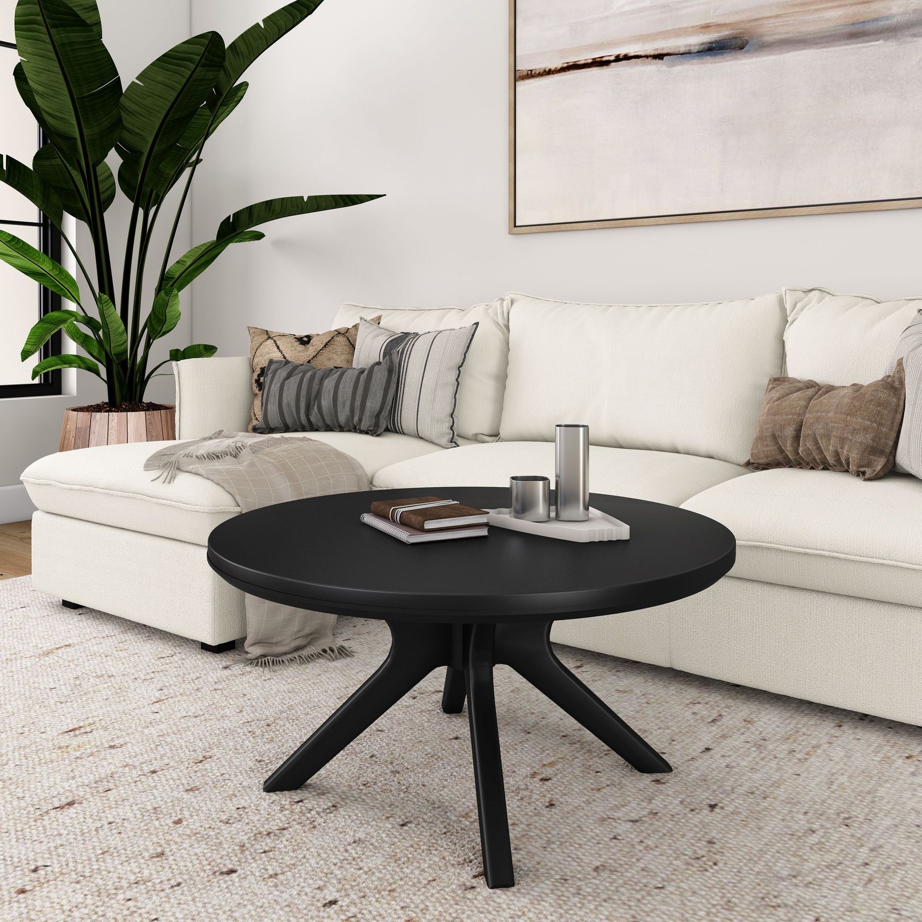 Plank+Beam Solid Wood Cross Leg Round Coffee Table, 36" Coffee Table for Living Room, Black