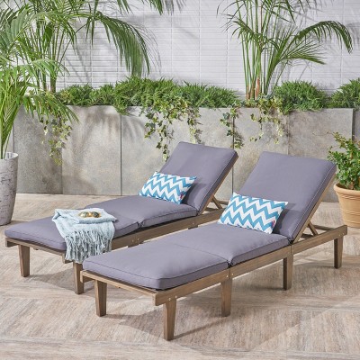 Acacia Wood Outdoor Chaise Lounge with Full-Length Cushion - Gray