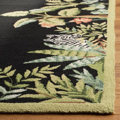 Hand-Knotted Chelsea Floral Round Wool Rug in Black/Green