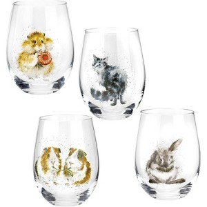 Royal Worcester Wrendale Designs 17oz Glass Tumblers, Set of 4 - Featuring Woodland Animals - Bunny, Hamster, Cat - Reusable Drinking Glasses - 1 of 4