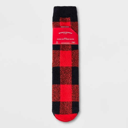 Men's Buffalo Check Plaid Cozy Crew Socks with Gift Card Holder - Wondershop™ Red/Black 6-12 - image 1 of 3