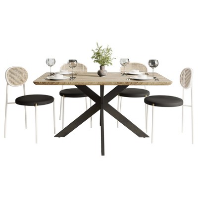 LeisureMod Ravenna 5-Piece Dining Set - 63" Rectangular MDF Top Dining Table in Maple & 4 Velvet Dining Chairs in White Steel Legs