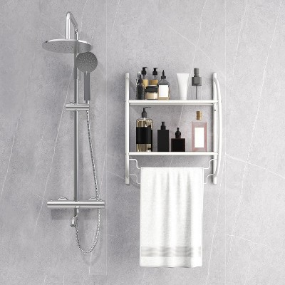 White Metal Wall-Mounted 2-Tier Bathroom Shelf with Towel Bars