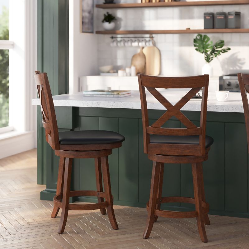 Merrick Lane 24" Classic Wooden Crossback Swivel Counter Height Pub Stool with Upholstered Padded Seat and Integrated Footrest, 5 of 13