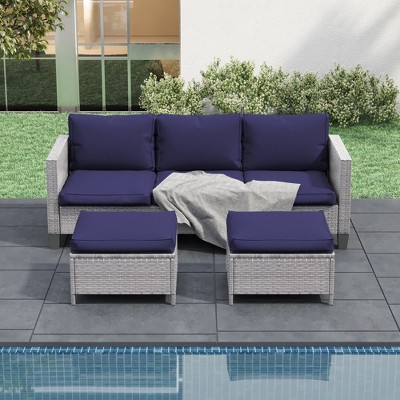 Sonkuki 3-Seater Patio Sofa Set Brown/Gray Rattan with Ottomans