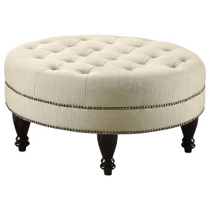 Kumasinova Retro Coffee Table Ottoman with Nailhead Trim,Luxury Round Tufted Ottoman with Eucalyptus Wood Legs for Living Room,Home Decor,Beige - 1 of 4