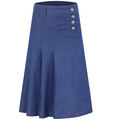 Girls A-Line Denim Midi Skirt Casual Pleated Buttons Over-Knee Skirts with Pocket 3-12Y