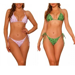 Elerevyo Women's Leopard Print Halter Lace Up Tie Side Triangle Bottoms Swimwear Bathing Suits 2 Sets - 1 of 4