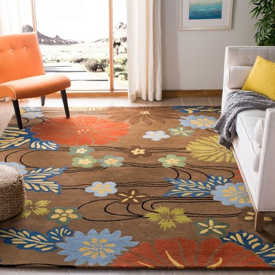 Handmade Brown and Multicolor Floral Wool Area Rug