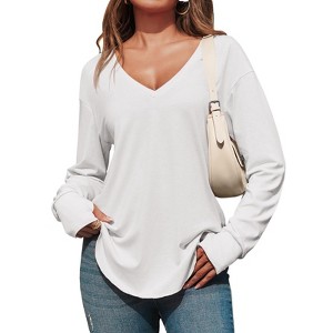 Imily Bela Womens Deep V Neck Tunic Tops Long Sleeve Oversized Casual Loose Fit Curved Hem T Shirts - 1 of 4