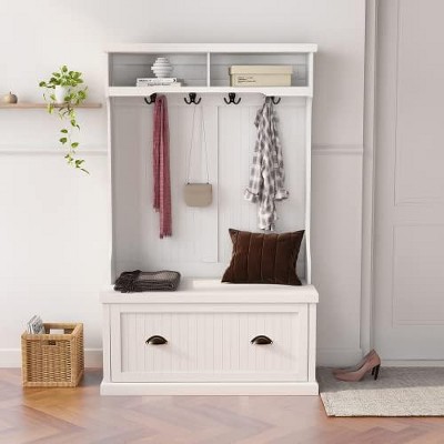 Entryway Hall Tree, Coat Rack with 4 Hooks and Storage Bench Shoe ...