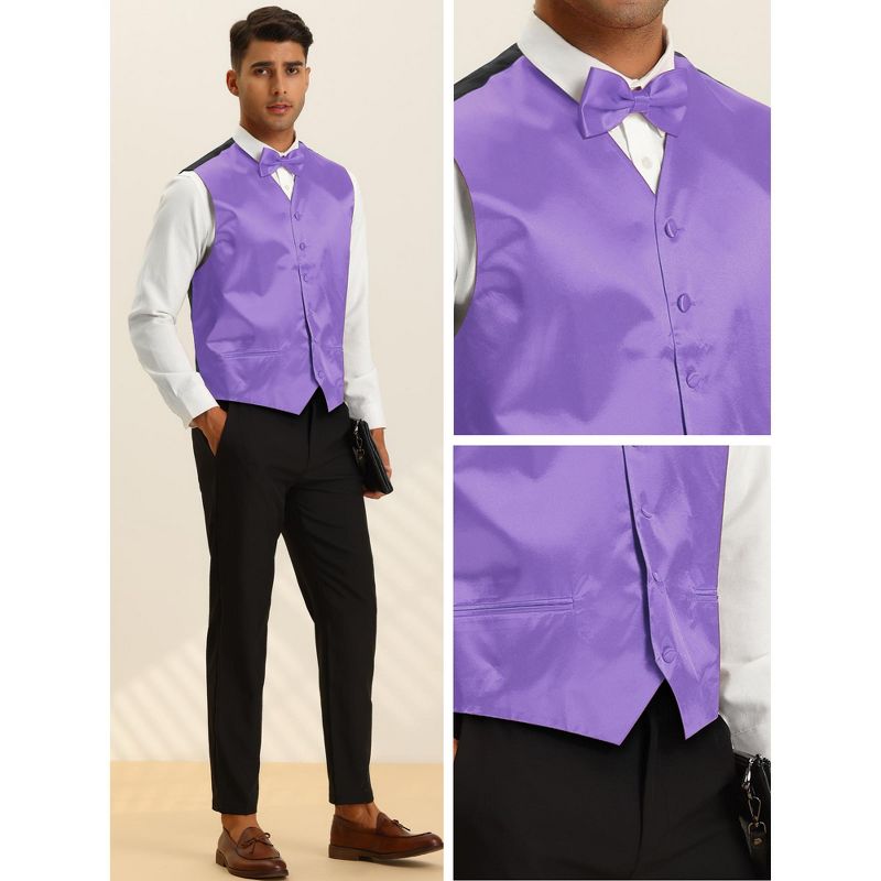 Lars Amadeus Men's V-Neck Business Wedding Satin Suit Vest with Bow Tie Set, 5 of 6