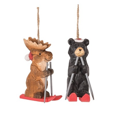 Gallerie II Wood Carved Black Bear & Moose Ski Ornament, A/2