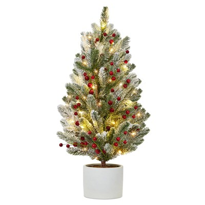 2ft Pre-Lit Tabletop Christmas Tree with 30 Lights and Cement Base, Mini Artificial Xmas Tree