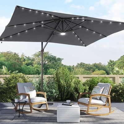 Sonkuki 10x8FT Round Offset Outdoor Patio Solar LED Cantilever Umbrella w/Aluminium Pole, 360° Rotation and Canopy Angle Adjustment