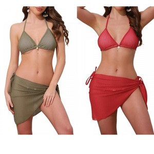 INSPIRE CHIC Women's 3-Piece Herringbone Halter Top Tie Side Triangle Bottom with Cover Up Skirt Bikini Suits 2 Sets - 1 of 4