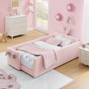 Vynxaria Twin Size Upholstered Platform Bed with Adorable Rabbit Ear Headboard & Safety Rail - 1 of 4