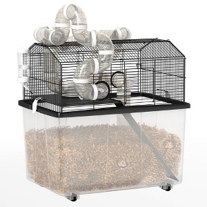 PawHut Hamster Cage with 12" Deep Tray, 2 Tier Gerbil Cage with Tube System, Water Bottle, Ramp, Feeding Bowl, 23" x 17" x 22", Black - 1 of 4