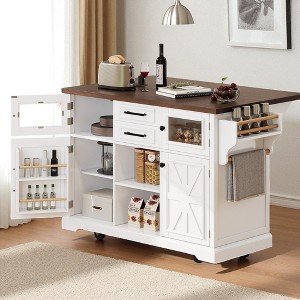 Kitchen Island with Drop Leaf, USB, Glass and Barn Doors, 2 Drawers, Adjustable Shelves, Rolling Kitchen Cart with Storage for Dining Room - 1 of 4