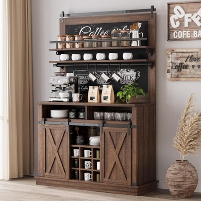 75" Farmhouse Bar Cabinet with Sliding Barn Door & Storage - Buffet Sideboard for Coffee Bar, Kitchen or Dining Room
