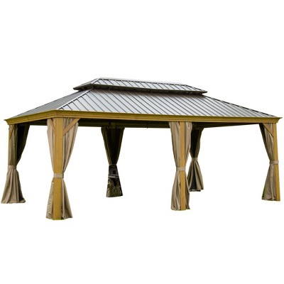 Gloweer Hardtop Gazebo, Outdoor Aluminum Frame Canopy with Galvanized Steel Roof, Permanent Metal Pavilion with Curtains and Netting