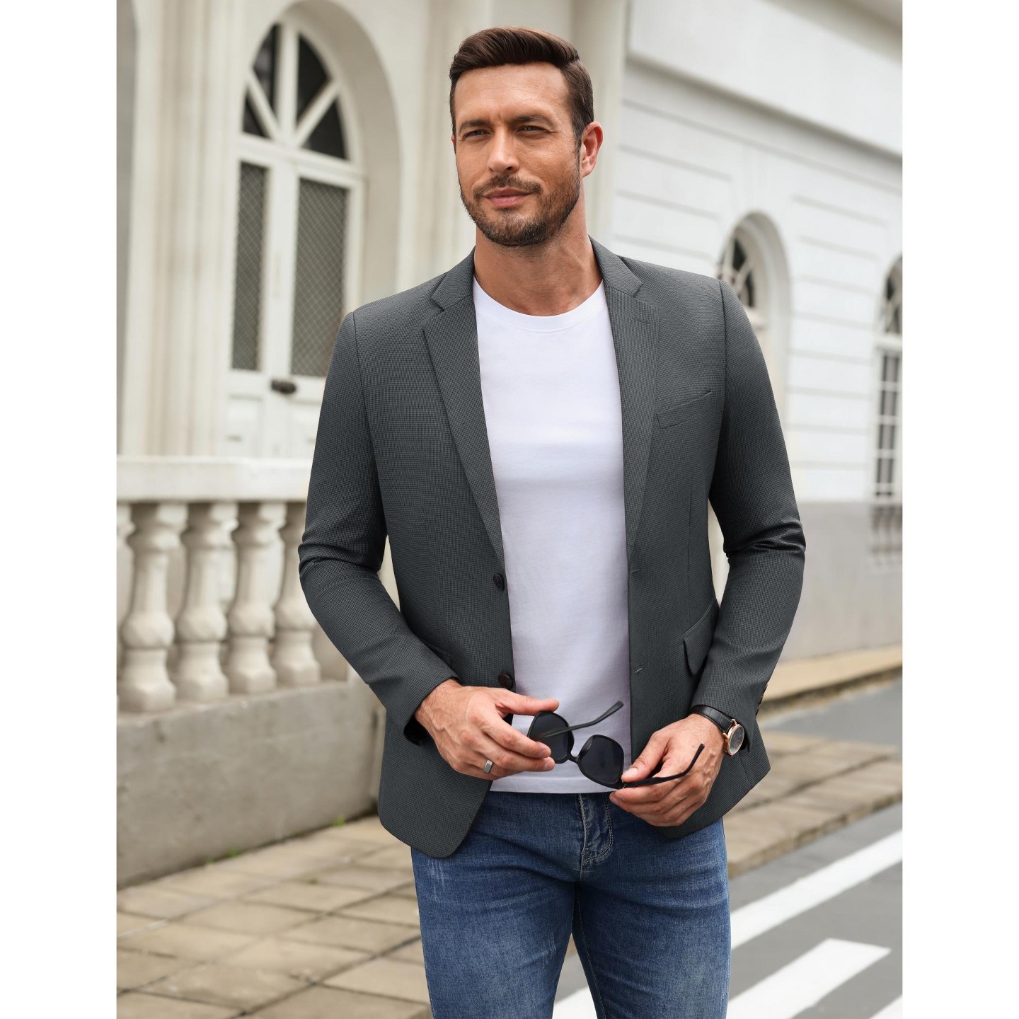 Мужской пиджак COOFANDY Regular Fit Notched Collared Houndstooth Print Blazer Light Gray-Black, цвет: Светлый серый — фото 5