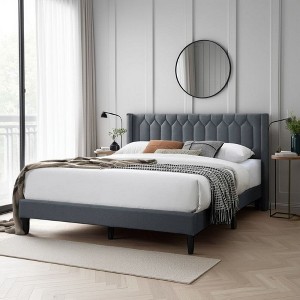 Royal Hampton Queen Size Bed, Geometric Stitched Charcoal Gray Burlap Upholstery - 1 of 4