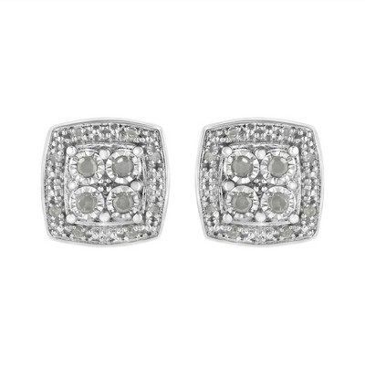 Haus of Brilliance Silver 1/4 cttw Round Cut Diamond Square Shape Milgrain Stud Earrings