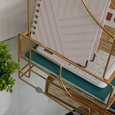 Gold Mesh Metal Large Desktop Organizer with Drawer and File Holder