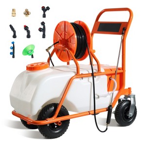 VEVOR Lawn Sprayer on Wheel, 0-90 PSI Adjustable Pressure, 15 Gallon Tank, 8 Nozzles and 2 Wands, White&Orange - 1 of 4