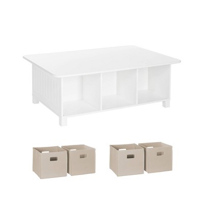 RiverRidge Kids' Desk, Activity and Play Table with 6 Storage Cubbies White with 4 Fabric Bins
