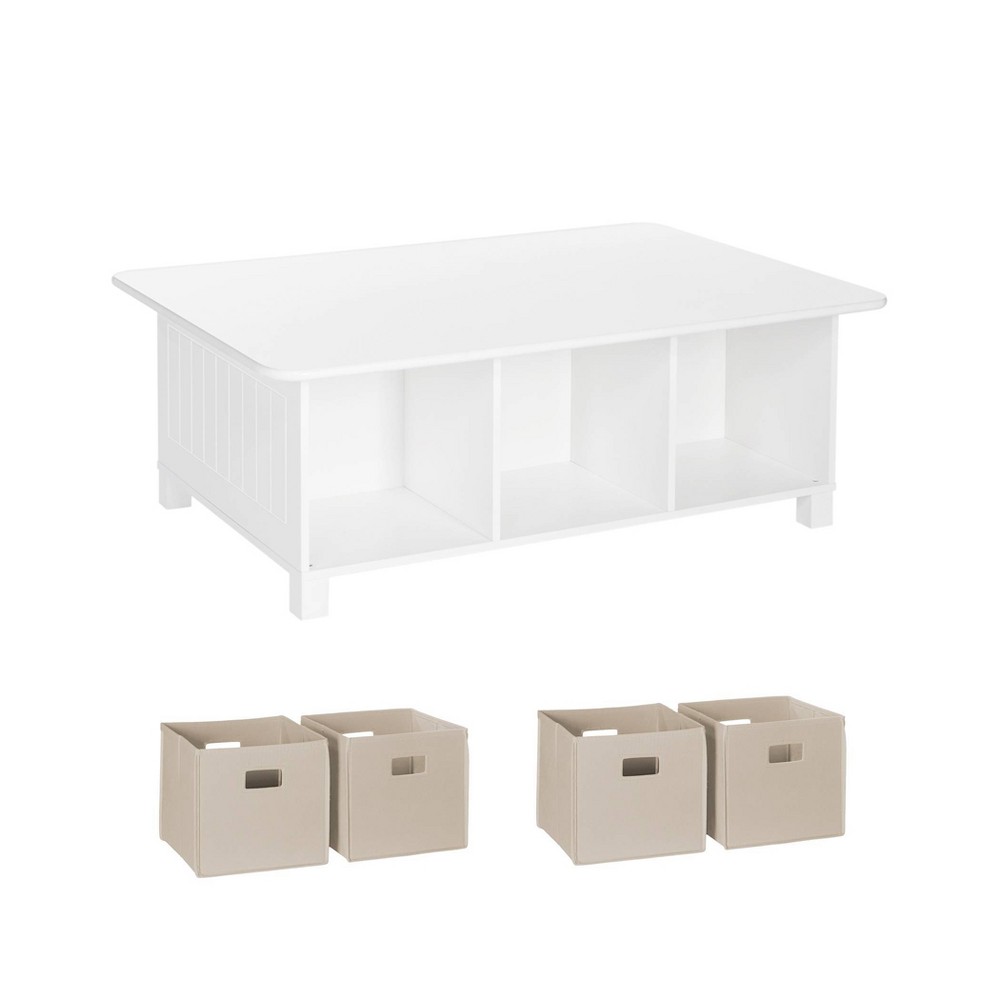 RiverRidge Kids' Desk, Activity and Play Table with 6 Storage Cubbies White with 4 Taupe Fabric Bins: RiverRidge Home Kids Table Set, MDF Frame
