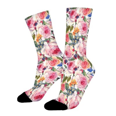 Watercolor Floral Women Printed Crew Socks Funny Funky Socks Soft Polyester Novelty Gifts for Artists Men