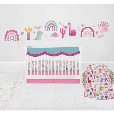 Bacati - Little Dino Girls Fuchsia/Aqua Muslin 5 pc Crib Bedding Set with Long Crib Rail Guard Cover