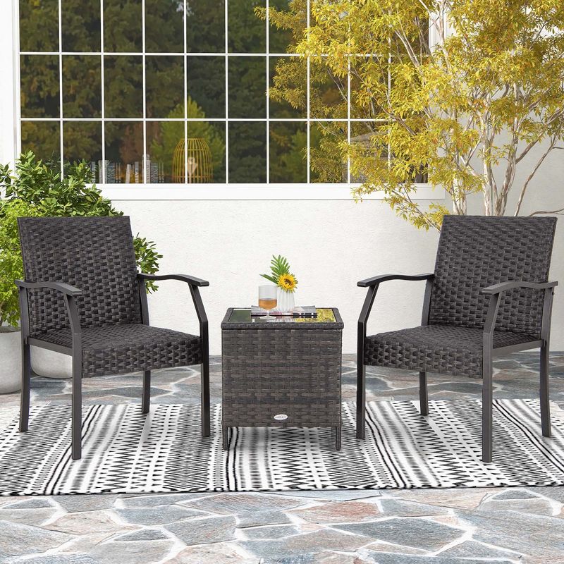 Costway 3 PCS Patio Conversation Set Wicker Chair Tempered Glass Table Cushioned Seat Quick Dry Foam All Weather, 4 of 11