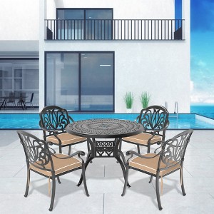 ACEPANO 5-Pieces Aluminum Patio Dining Coffee Table Set With Umbrella Hole, Brown Cushions-Black - 1 of 4