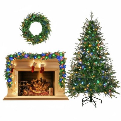 Christmas Tree with Wreath & Garland – Christmas Decoration, Artificial Christmas Tree With Lights, Grass Green, 6 FT, Best Christmas Gift