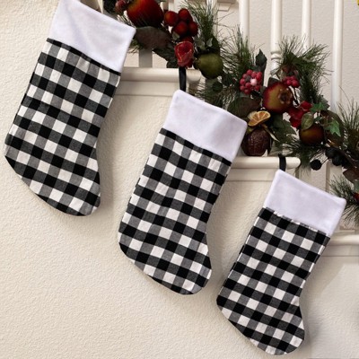 Set of 3 Black Buffalo Plaid Christmas Stockings with White Plush Cuff
